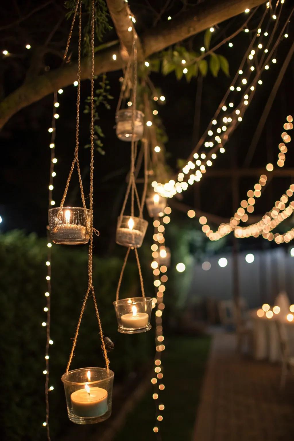 Tea lights suspended in harmony with fairy lights.