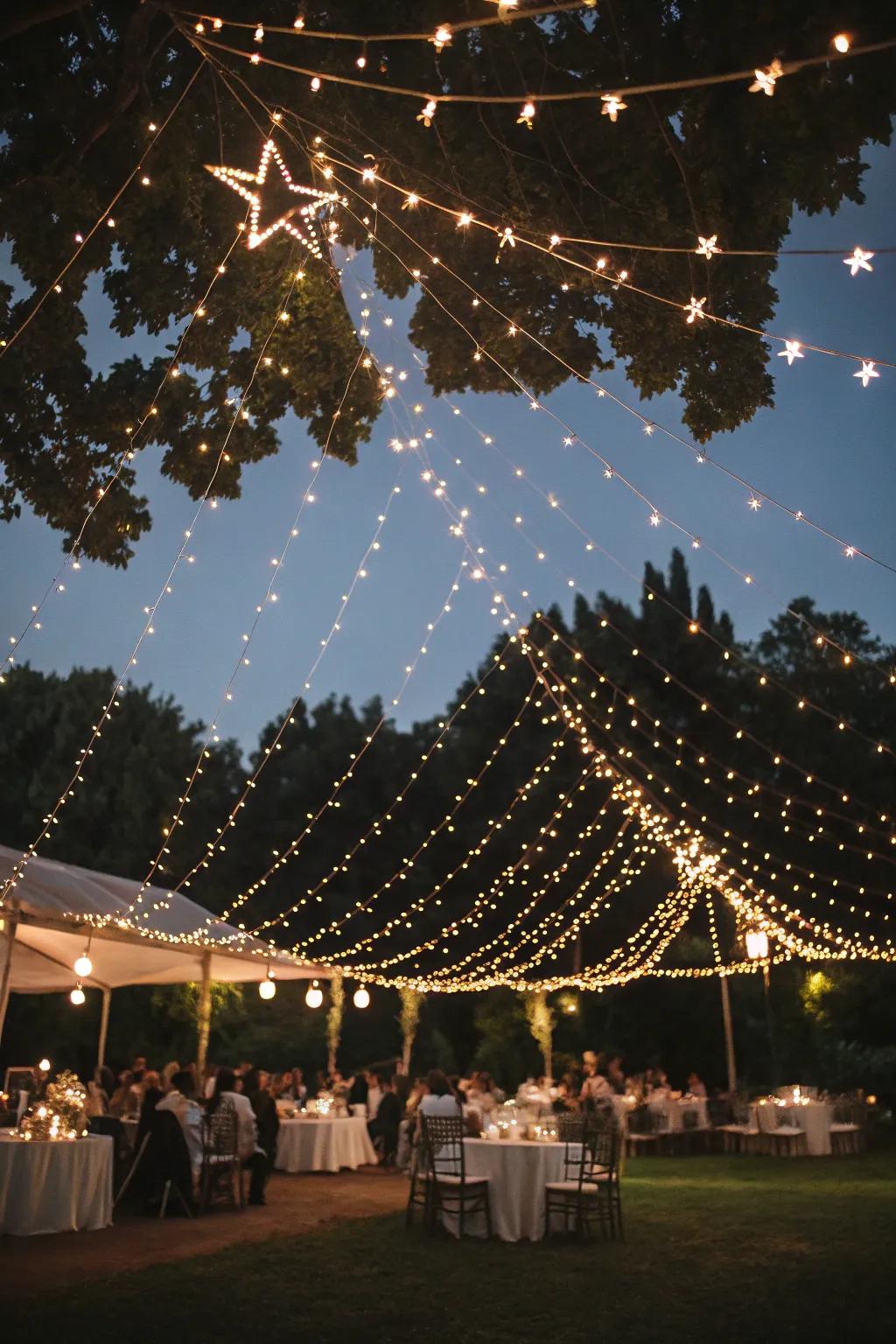 Twinkle lights create a starry canopy over the reception.