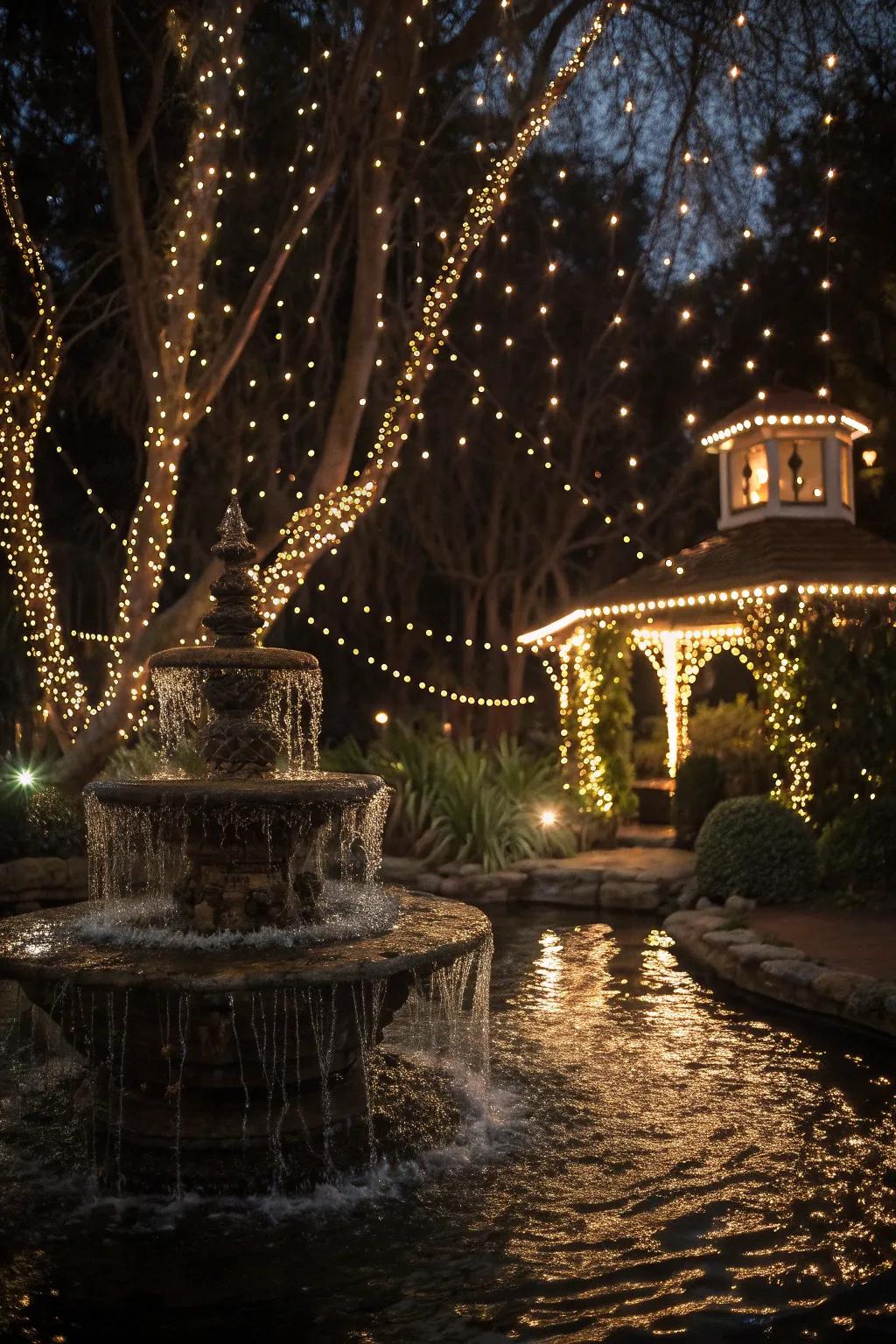 A water feature glows enchantingly under fairy lights.