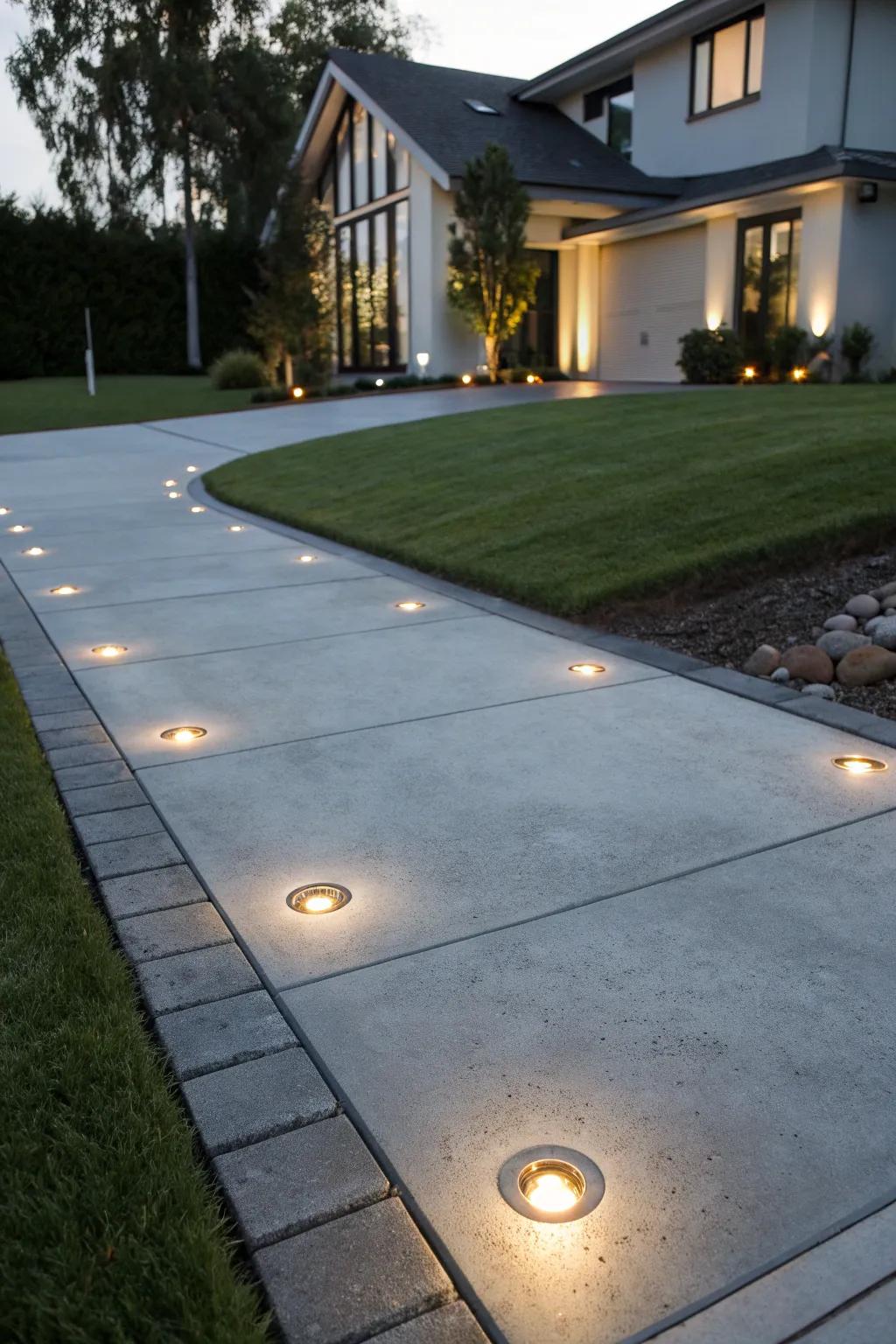 Sleek in-ground solar lights provide a minimalist aesthetic.