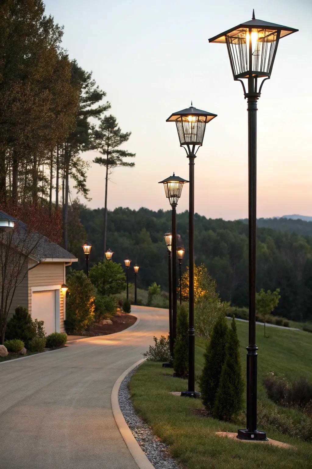 Elegant solar lamp posts bring classic charm to your driveway.