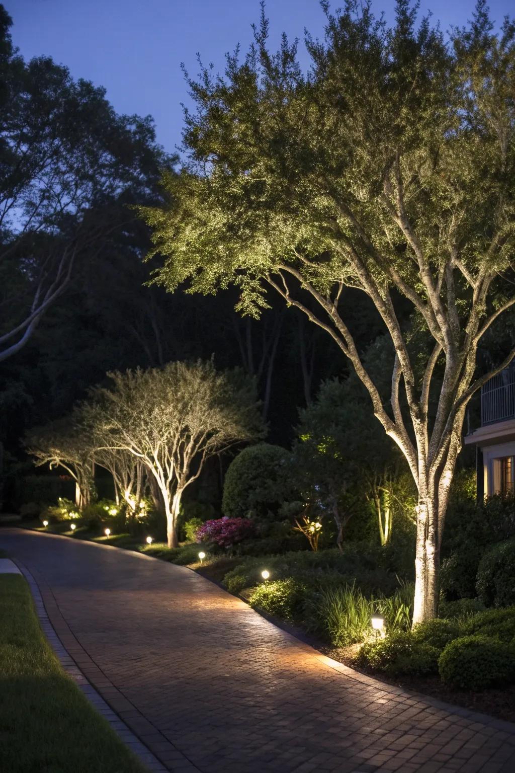 Illuminate the natural beauty with tree-lined lighting.