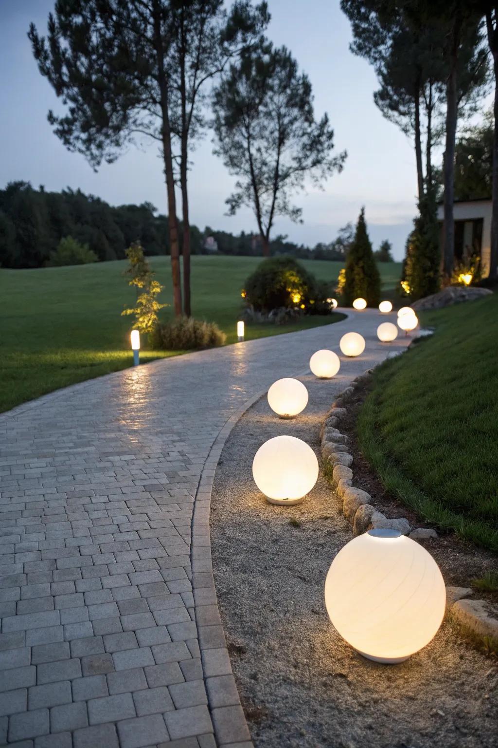 Solar globe lights add a modern, artistic touch.