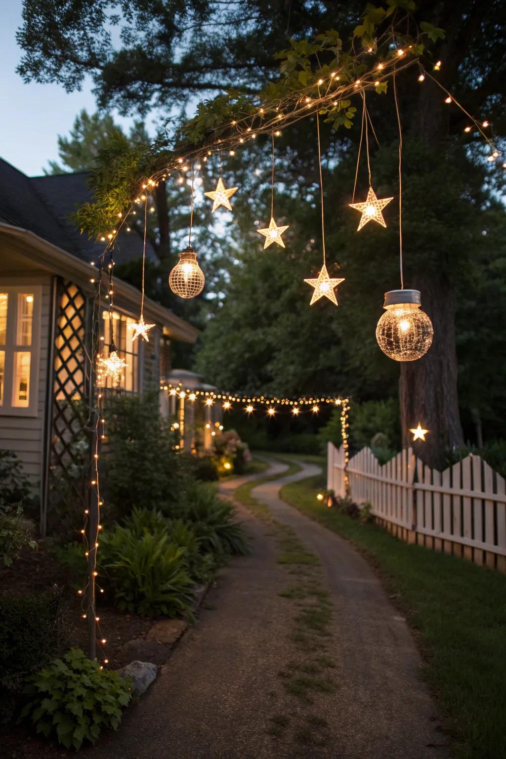 Hanging lights create a whimsical fairy-tale entrance.
