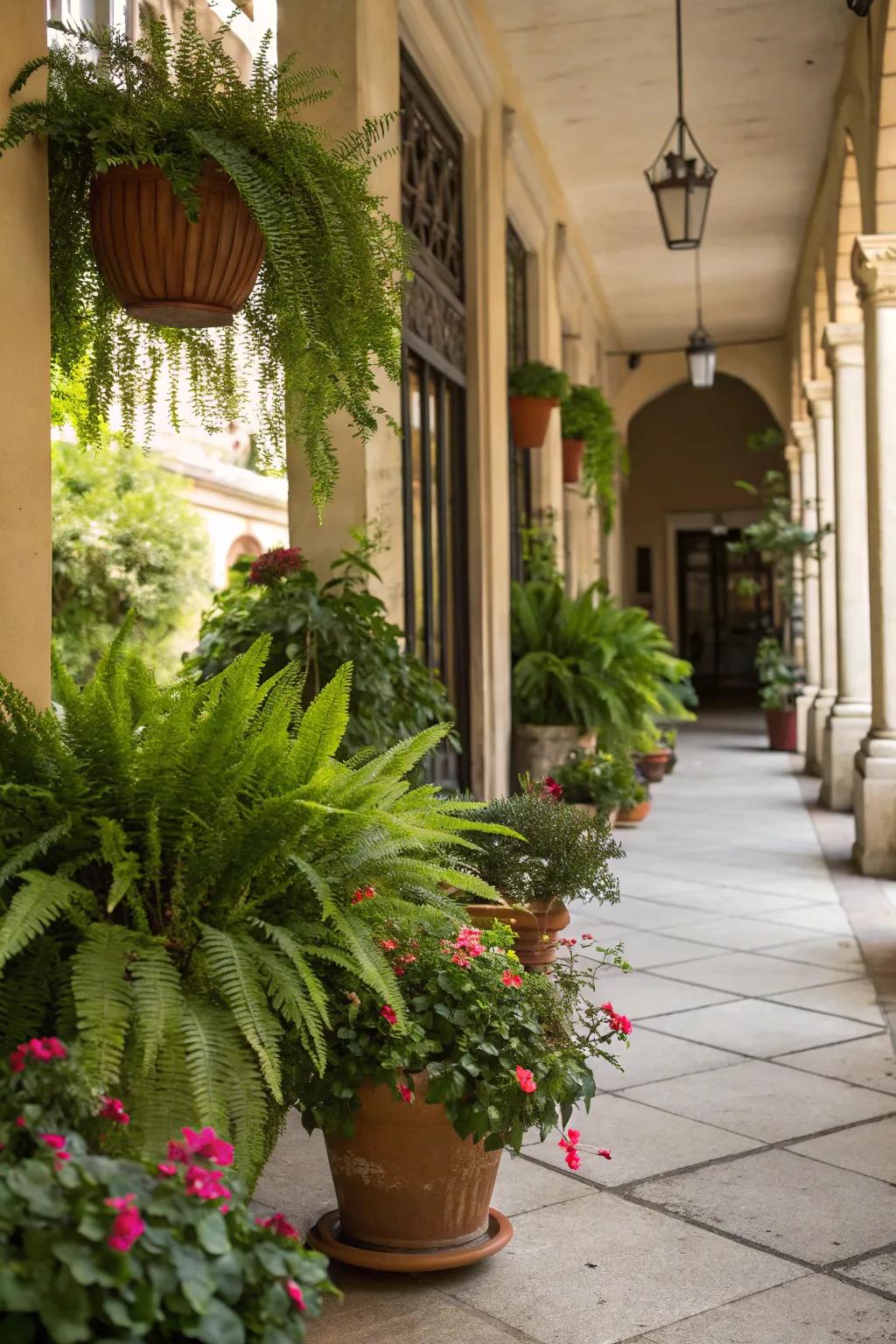 Greenery adds life and color to your breezeway.