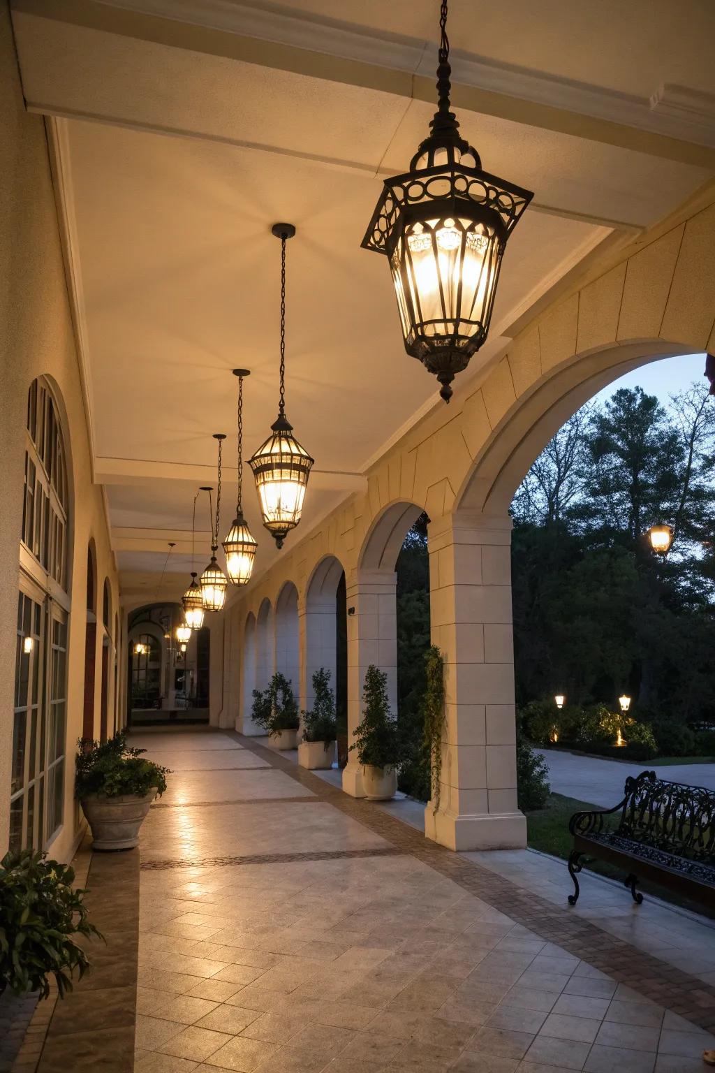 Lighting transforms your breezeway into an evening retreat.