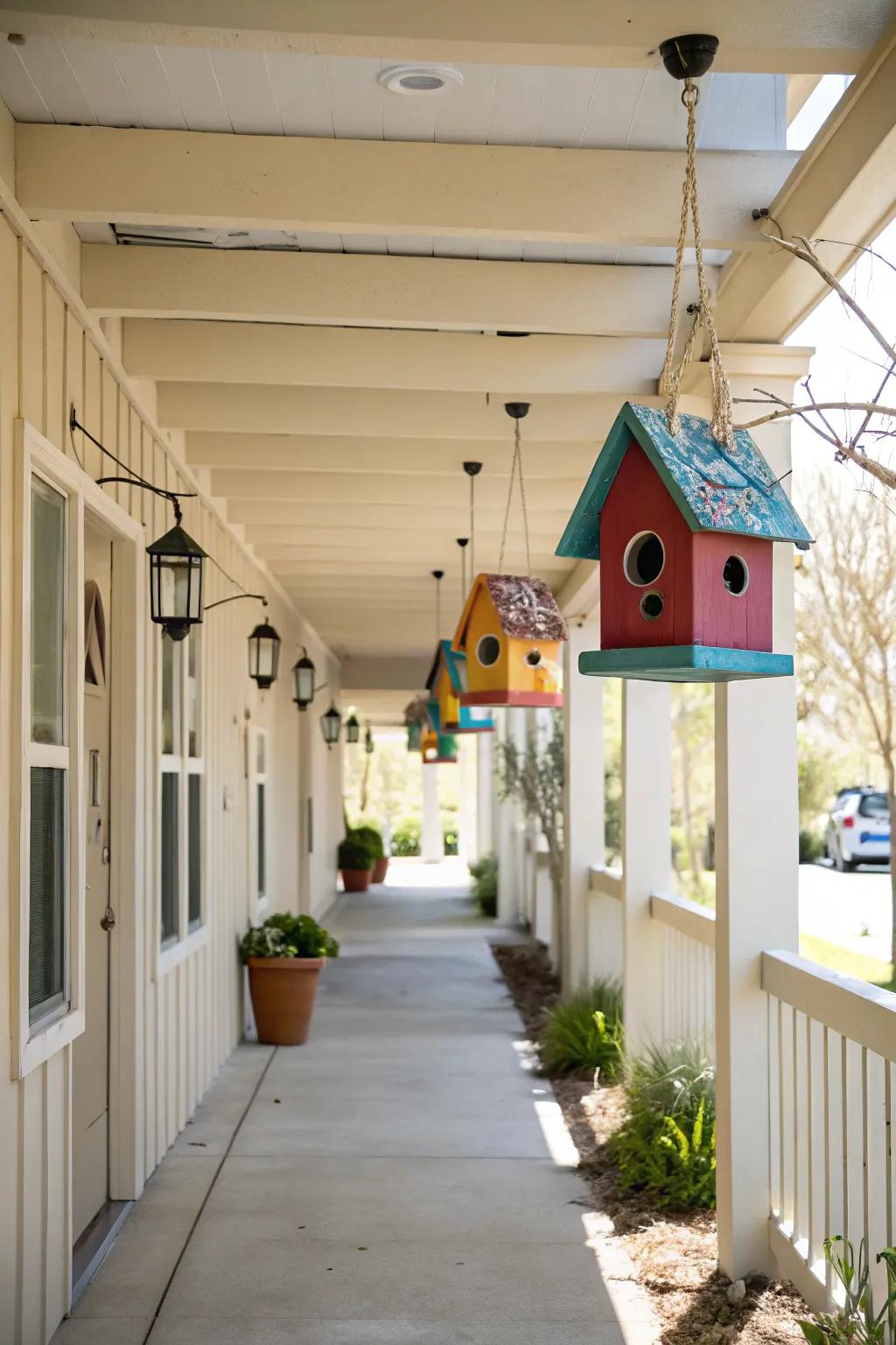 Bird houses invite nature into your breezeway.