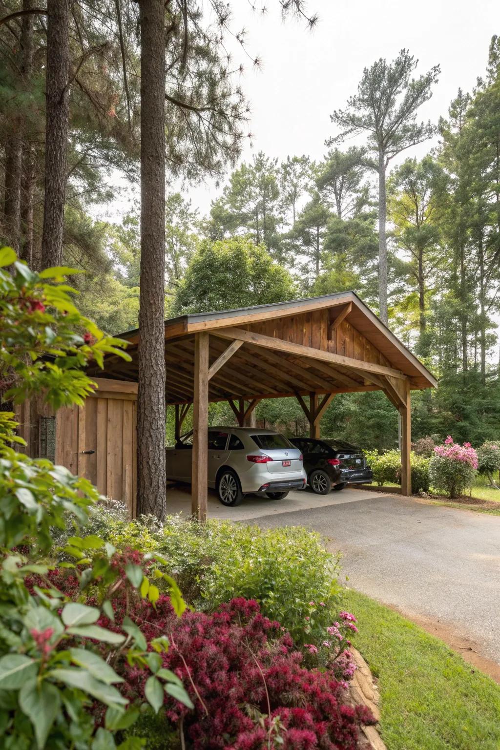 Warm and inviting rustic wooden carport.