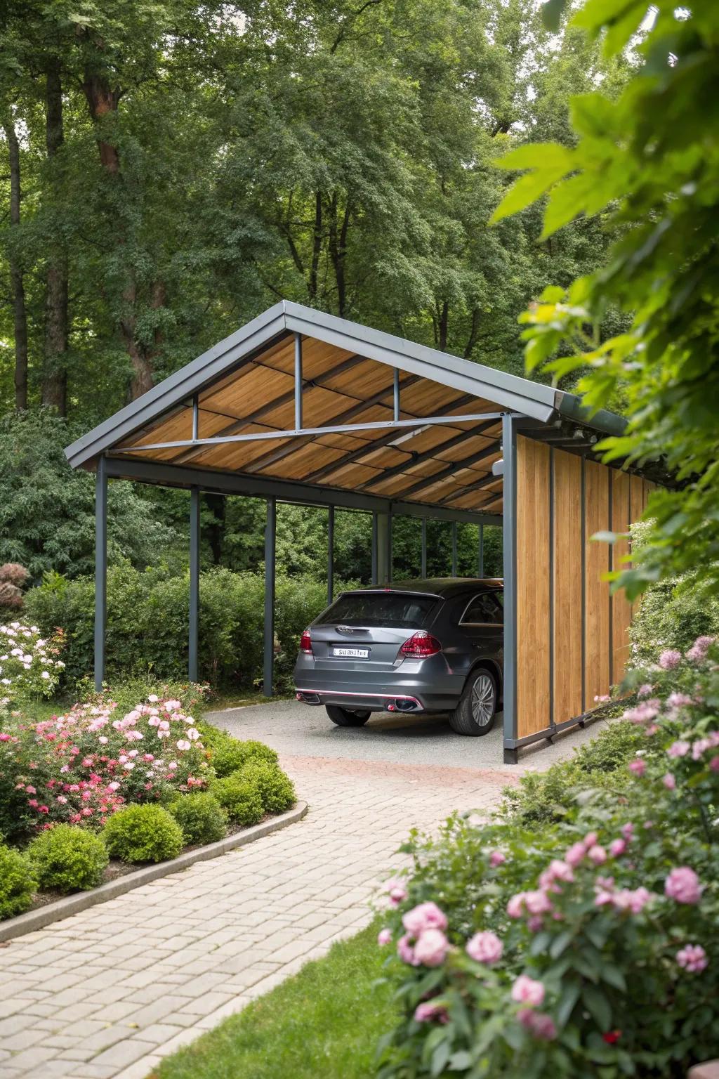 Stylish fusion of metal and wood for a robust carport.
