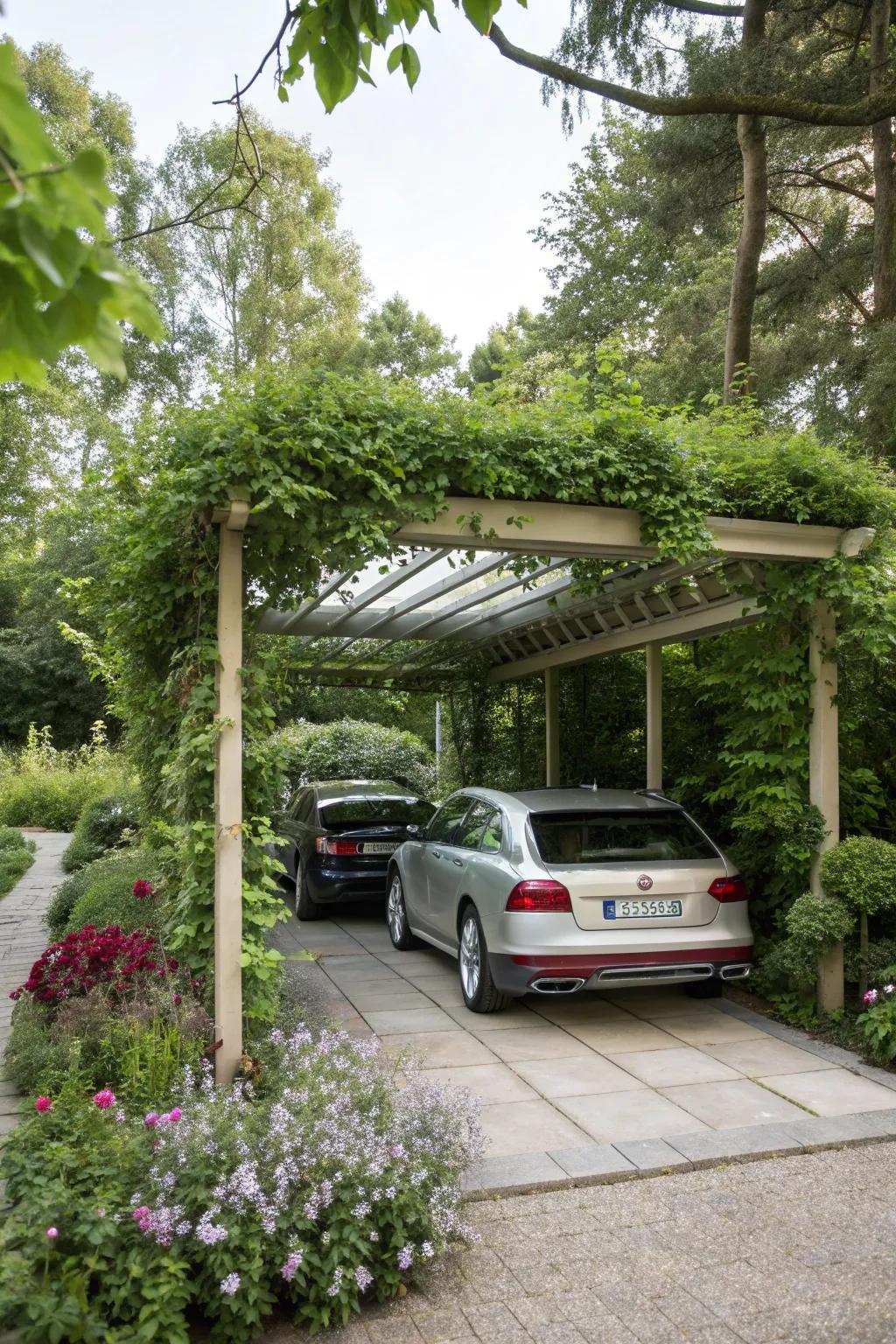 Nature meets design with trellis carport features.