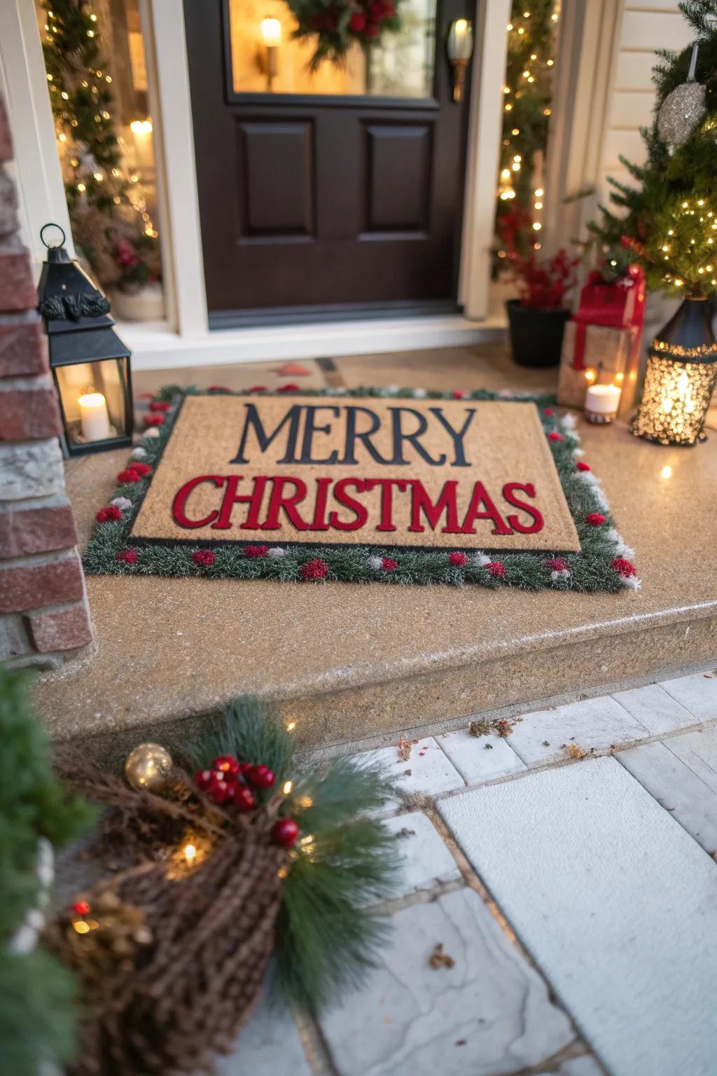 A classic 'Merry Christmas' doormat greeting guests