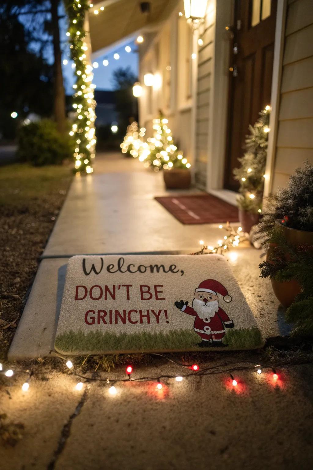 A doormat with a humorous holiday pun brightens the entry