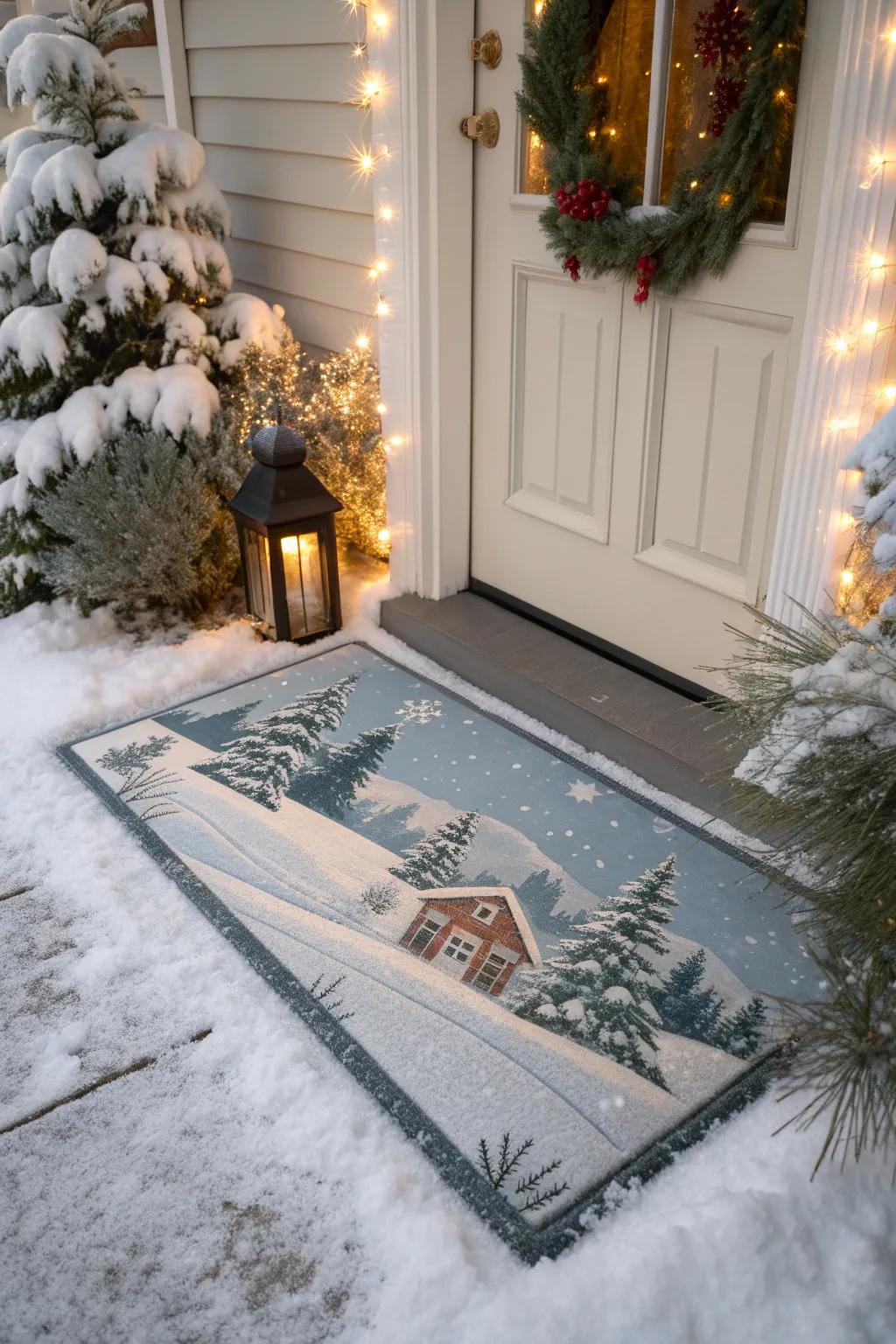 Winter wonderland scenes create a serene entrance