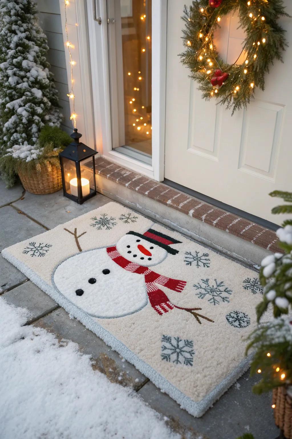 A friendly snowman doormat spreads winter joy