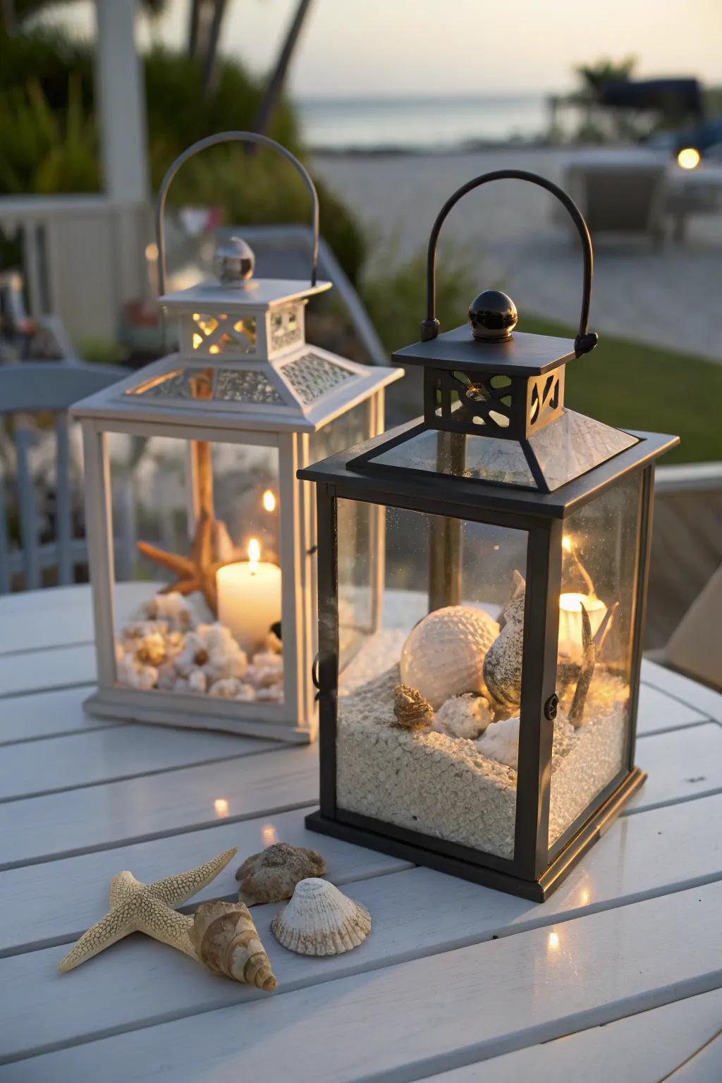 Create a beach-inspired ambiance with shell-filled lanterns.