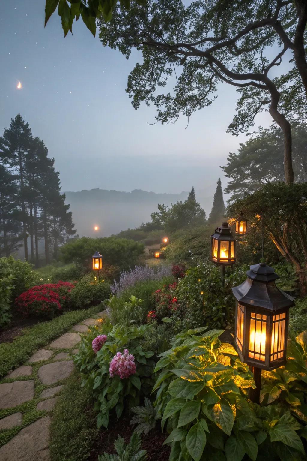 Illuminate your garden with strategically placed lanterns.