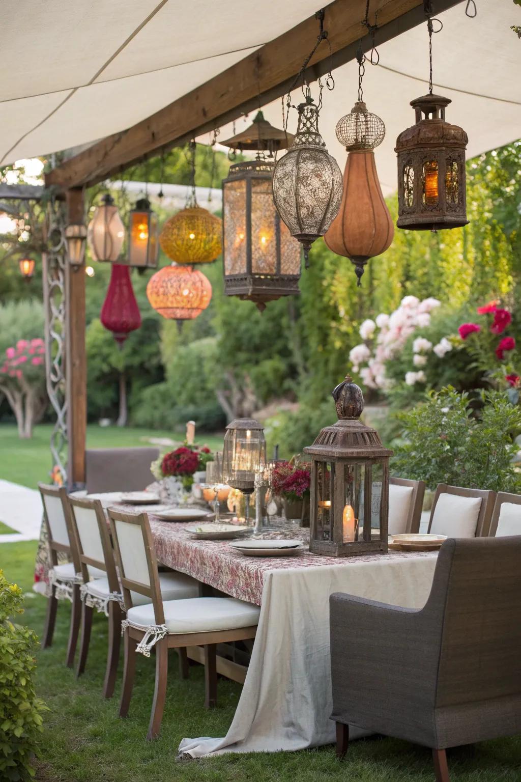 Add personality with mismatched lantern tablescapes.