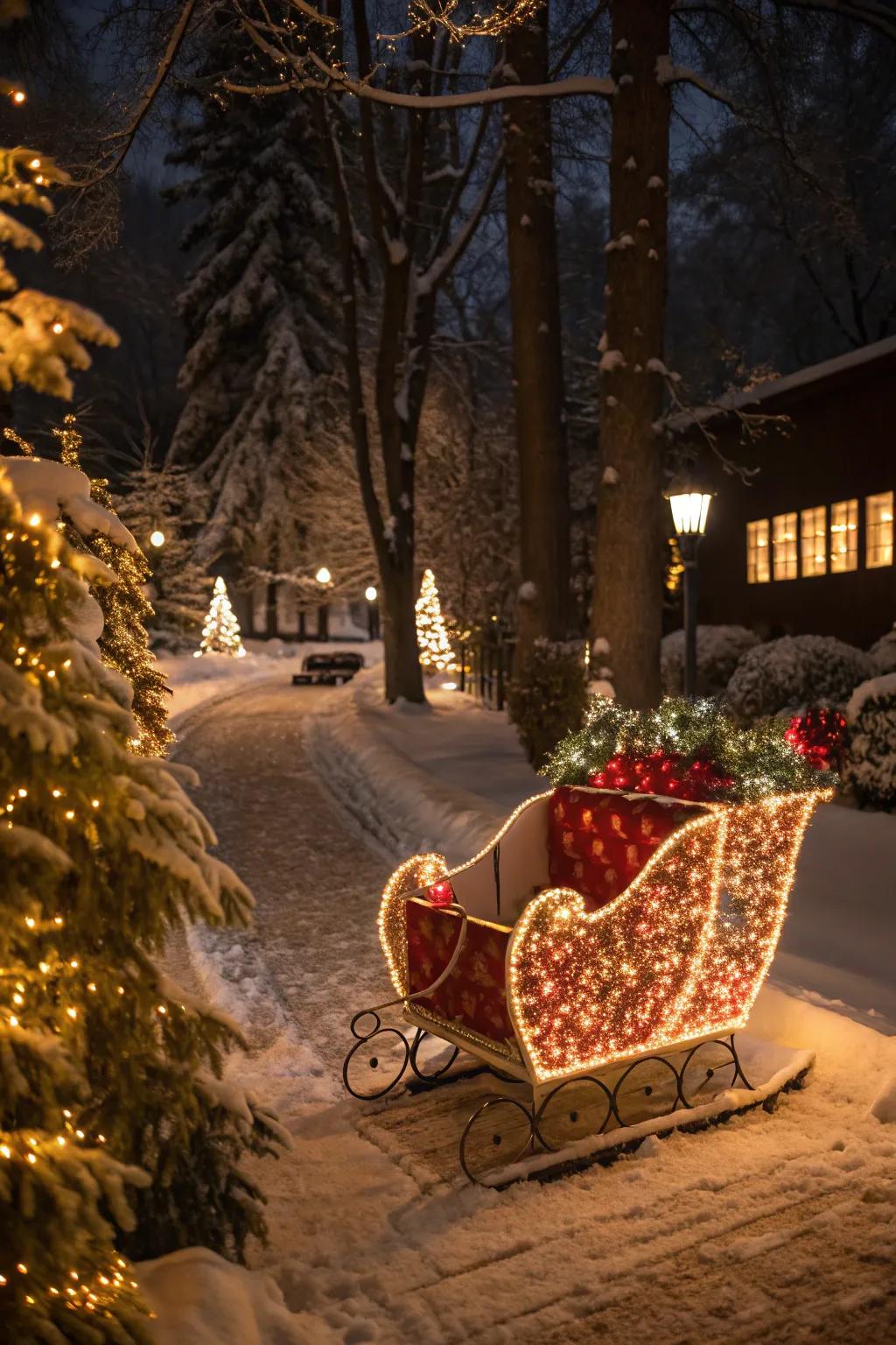 A sleigh aglow with festive string lights.