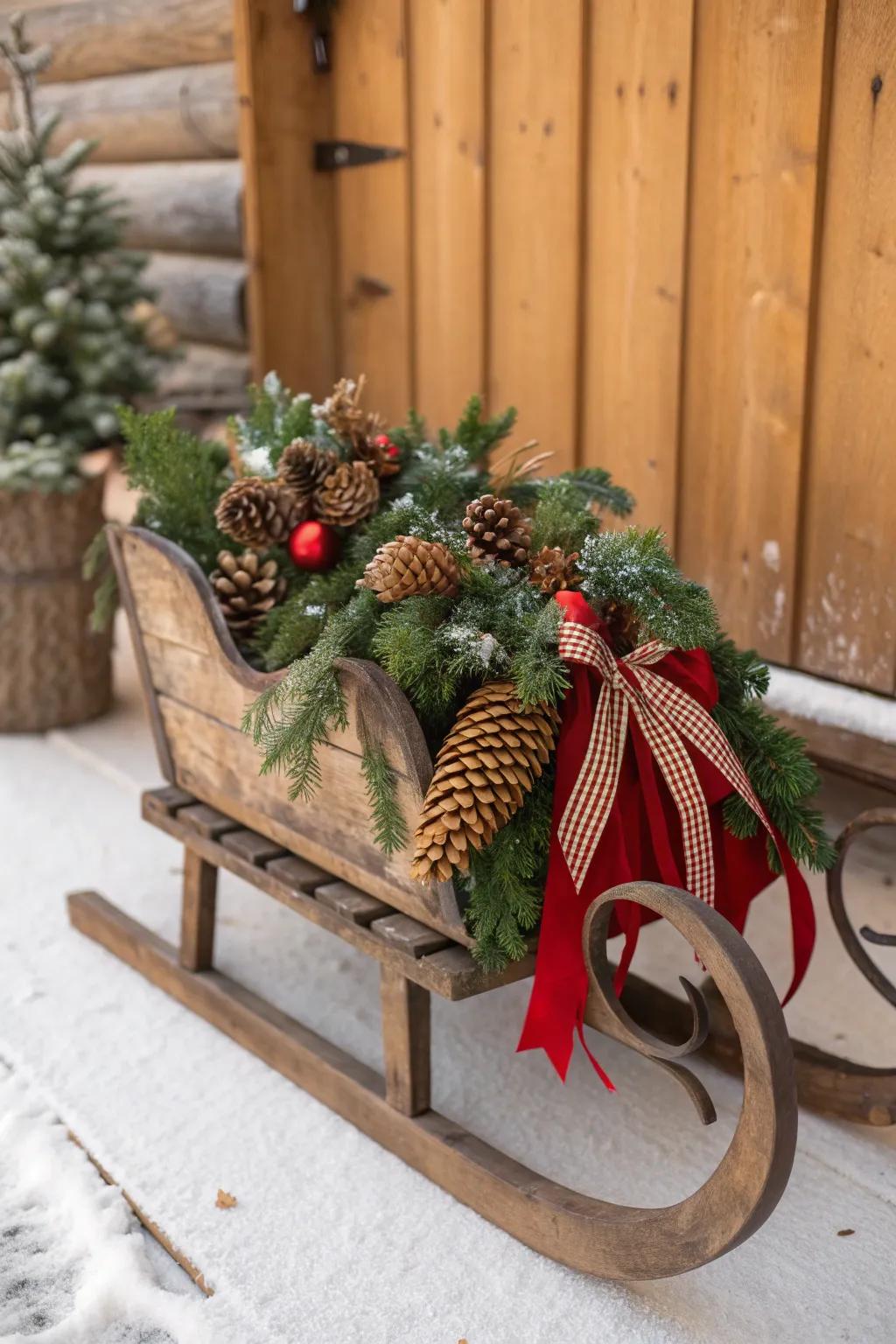 A rustic sleigh adorned with natural elements.