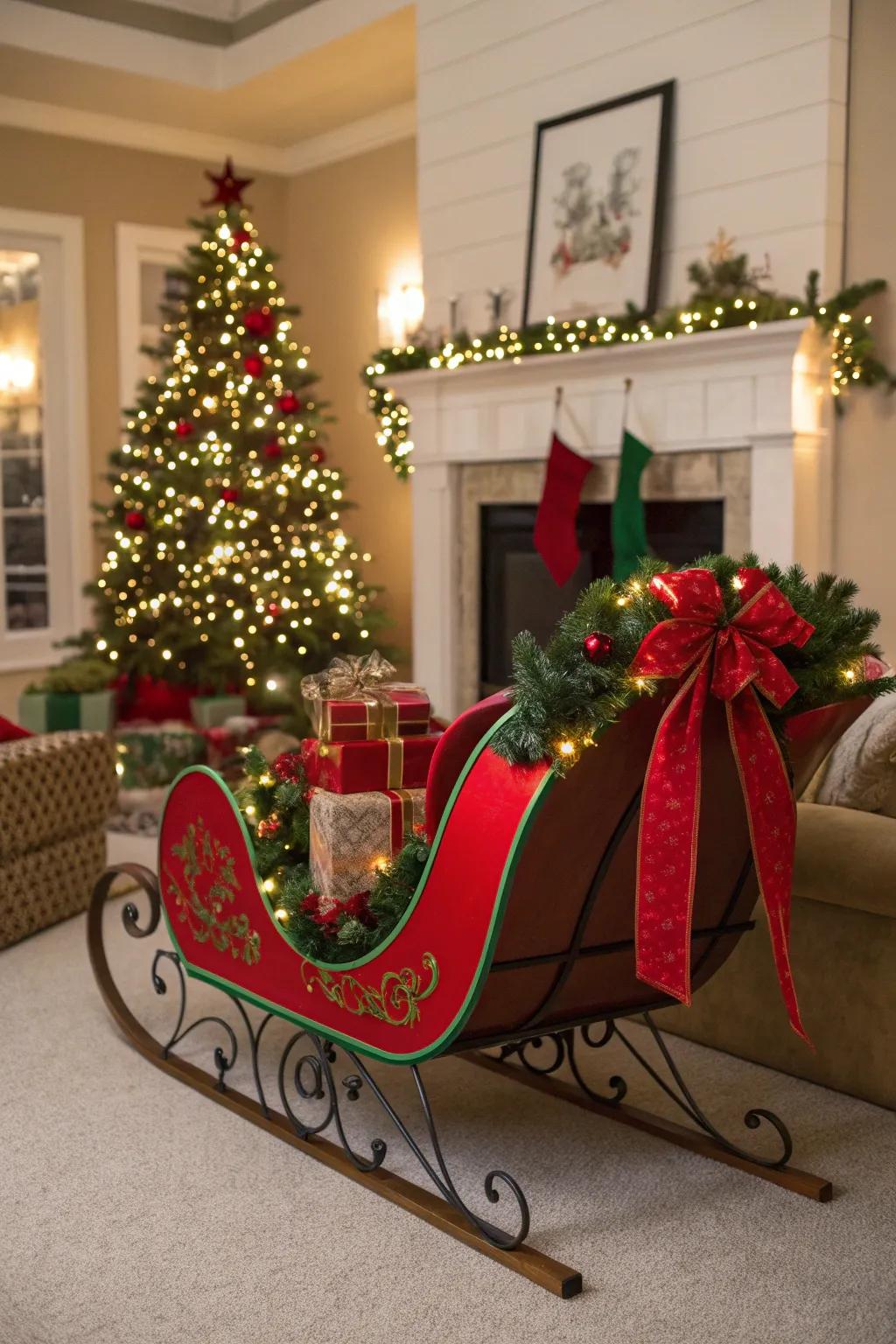 A sleigh dressed in classic Christmas colors.
