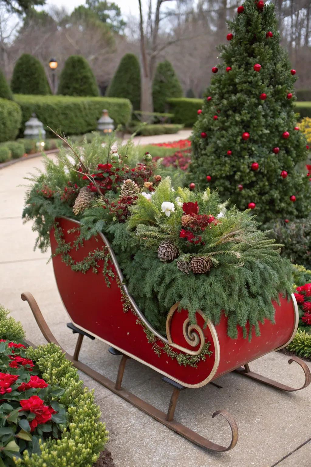 A festive sleigh planter brimming with greens.