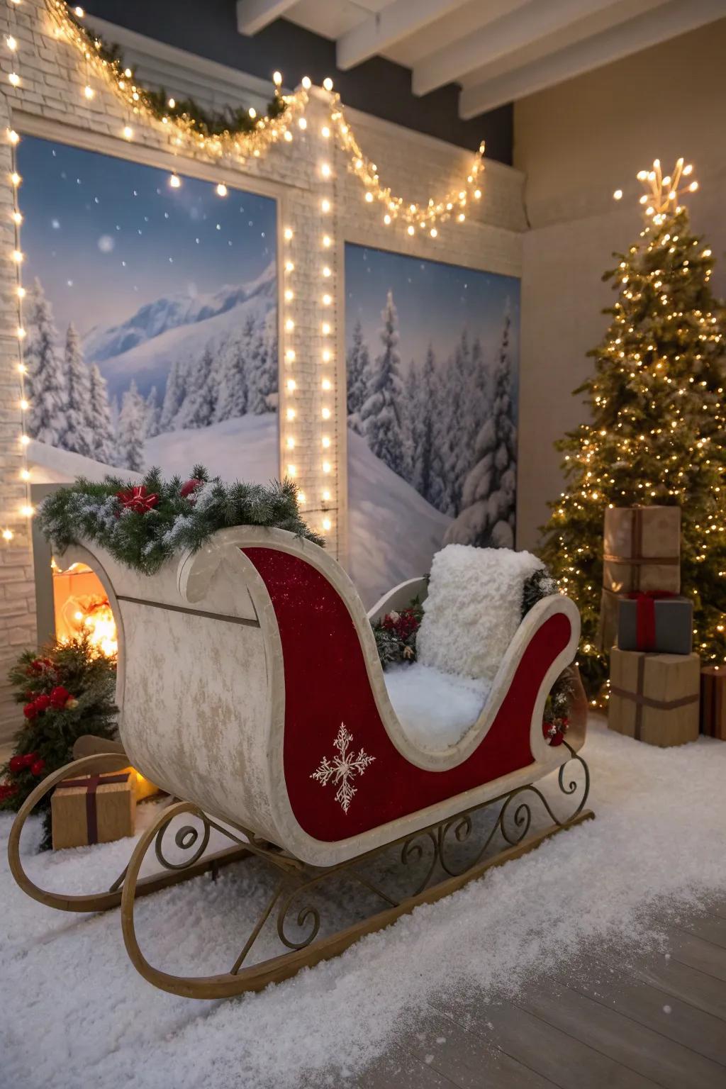 A sleigh dusted with faux snow for winter magic.