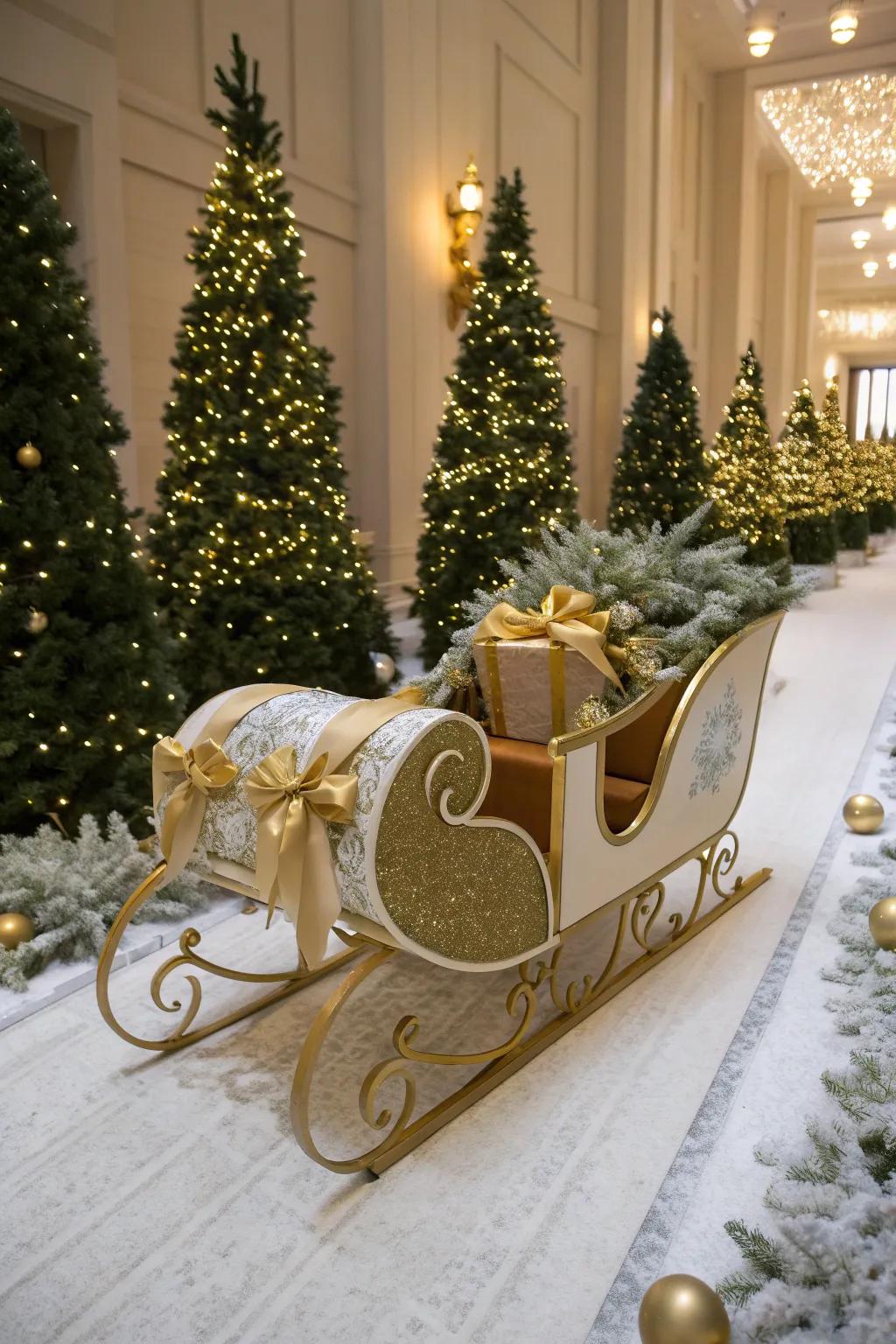 A sleigh dressed in elegant gold and white.