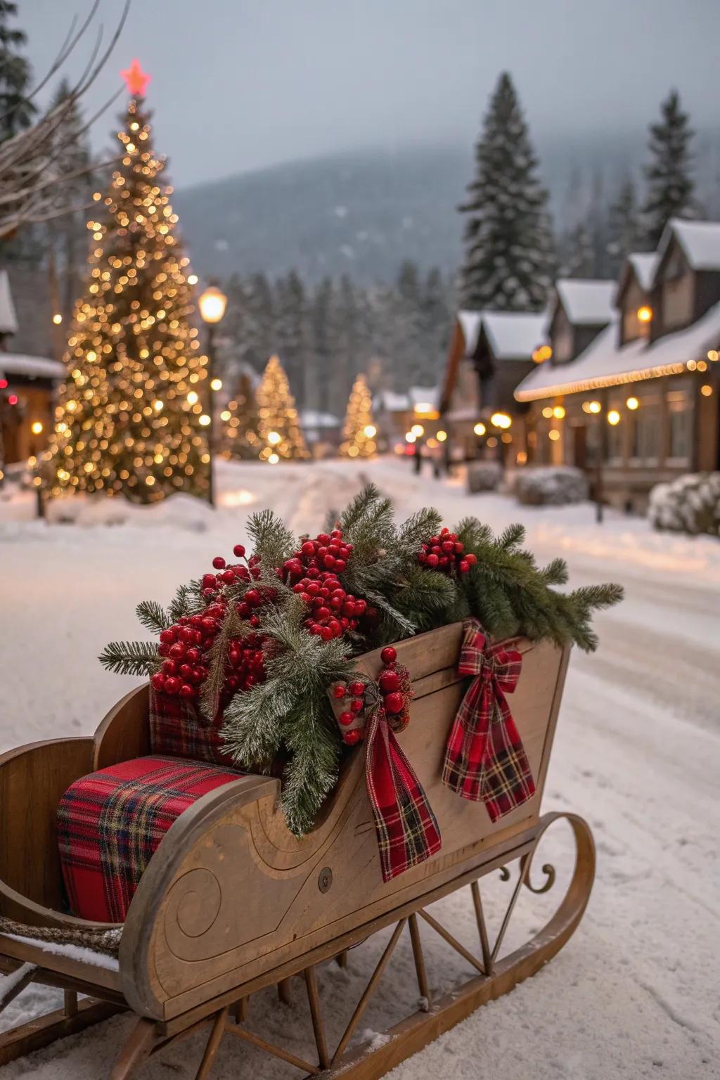 Classic red berries and plaid for a festive sleigh.