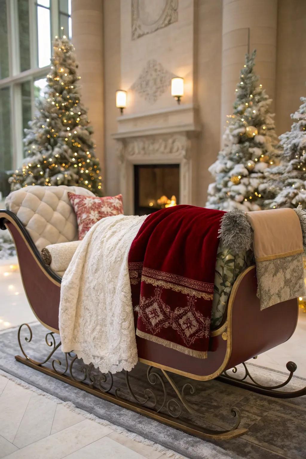 Layered fabrics add depth to the sleigh decor.