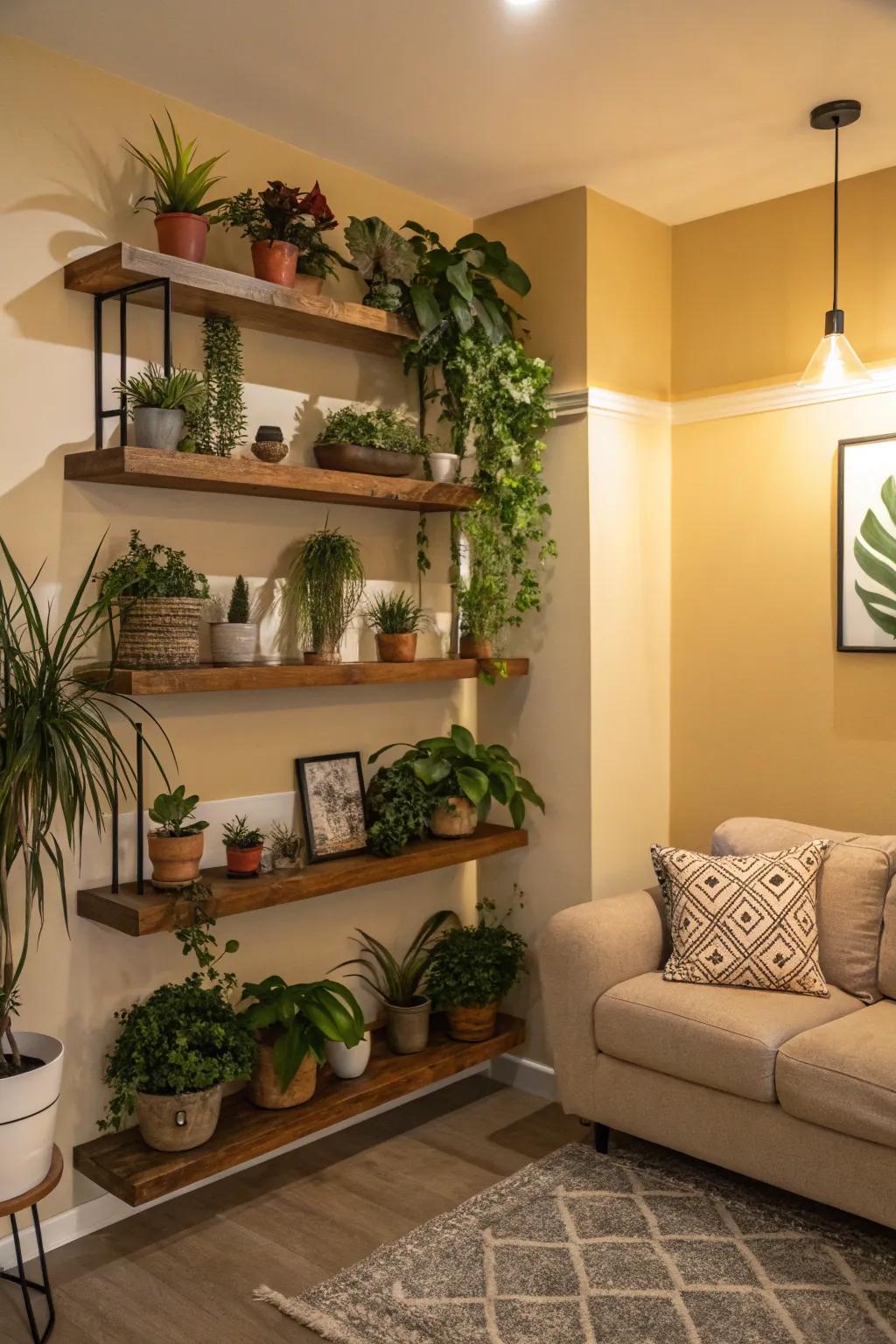 Floating shelves offer a dynamic plant display.