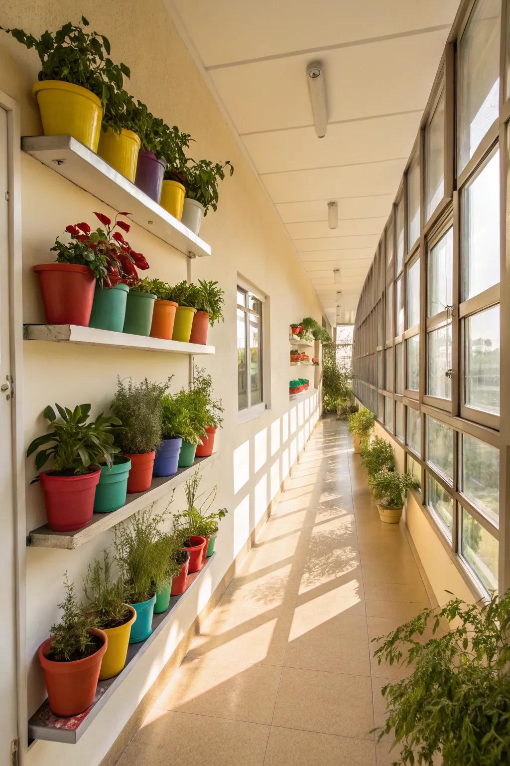 Eclectic pot arrangements bring personality to walls.