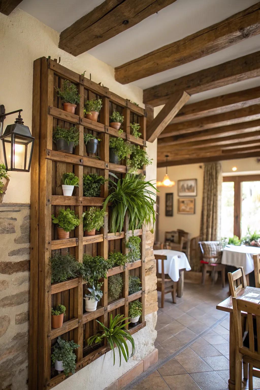 Wooden grids add rustic charm to plant displays.