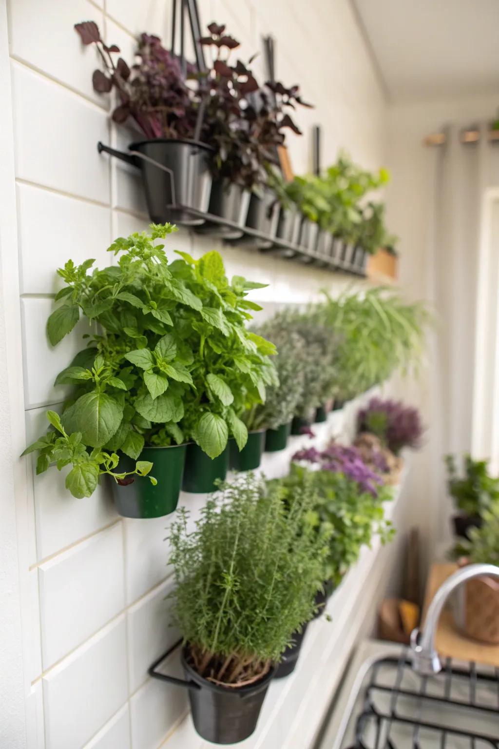 A wall-mounted herb garden offers fresh, handy ingredients.