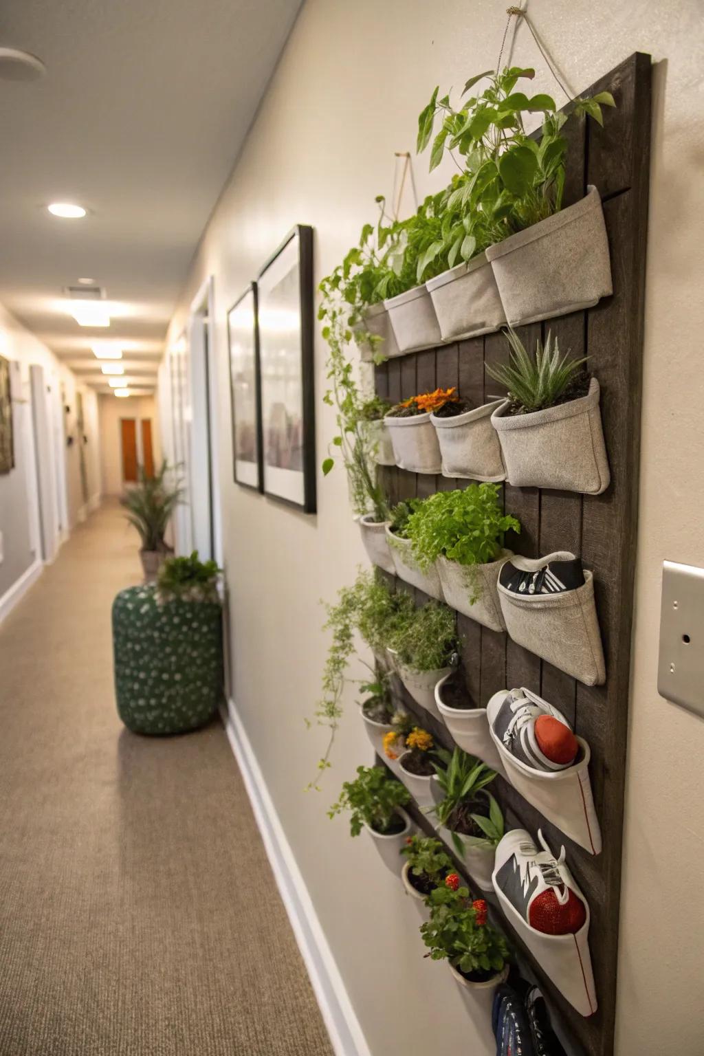 Shoe organizers creatively repurposed for plant displays.
