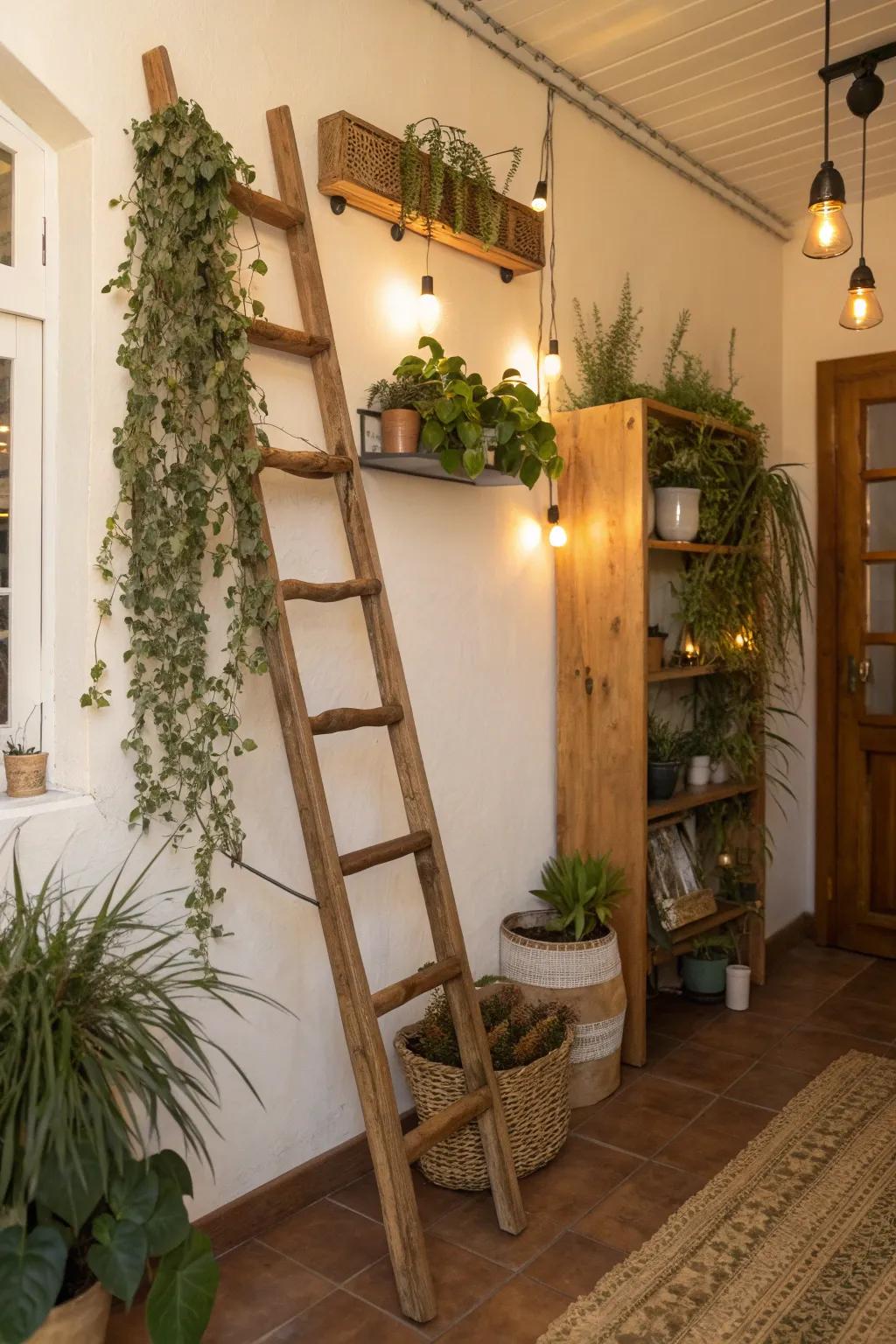 Plant ladders add vertical interest with cascading greenery.
