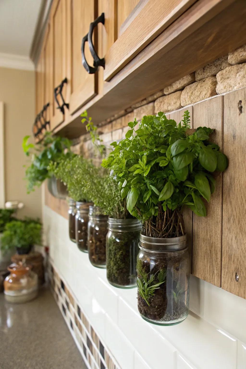 Mason jars create a charming and practical herb wall.