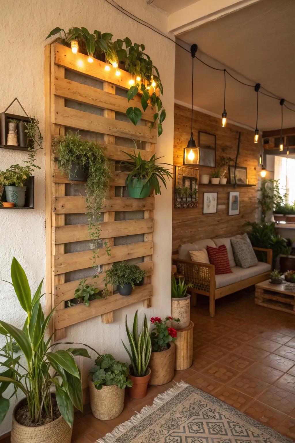 Pallet planter walls offer rustic charm and greenery.