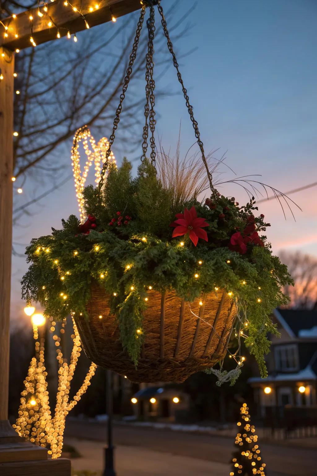 String lights add a cozy and inviting glow to your hanging basket.