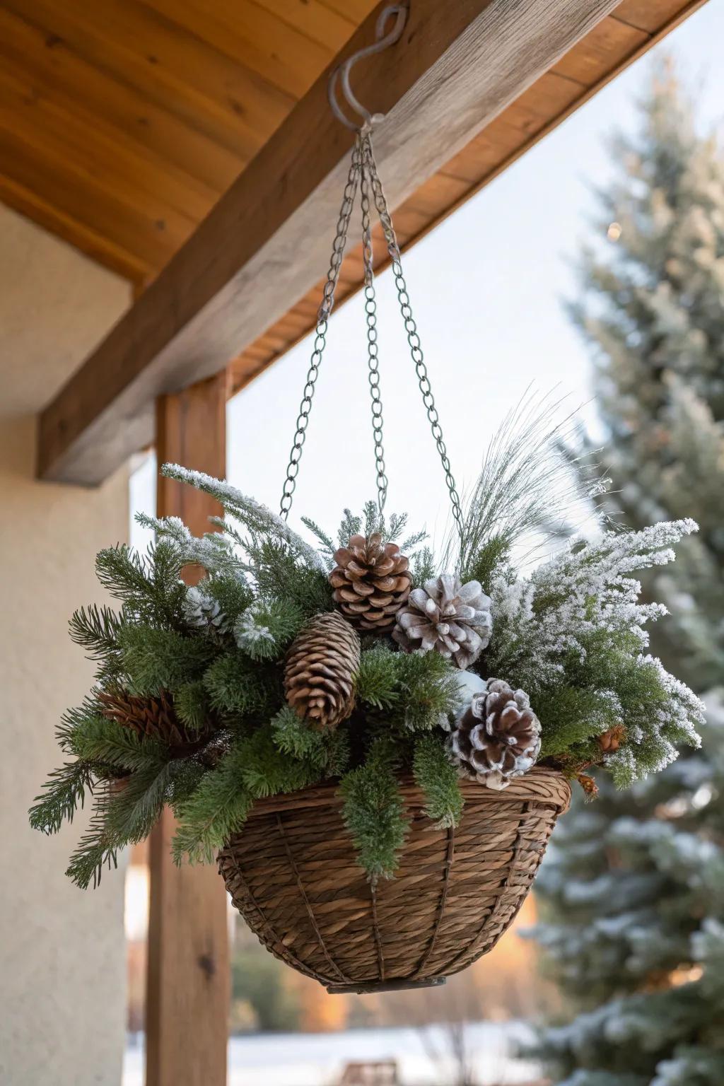 Frosted pinecones create a cozy, wintery feel.