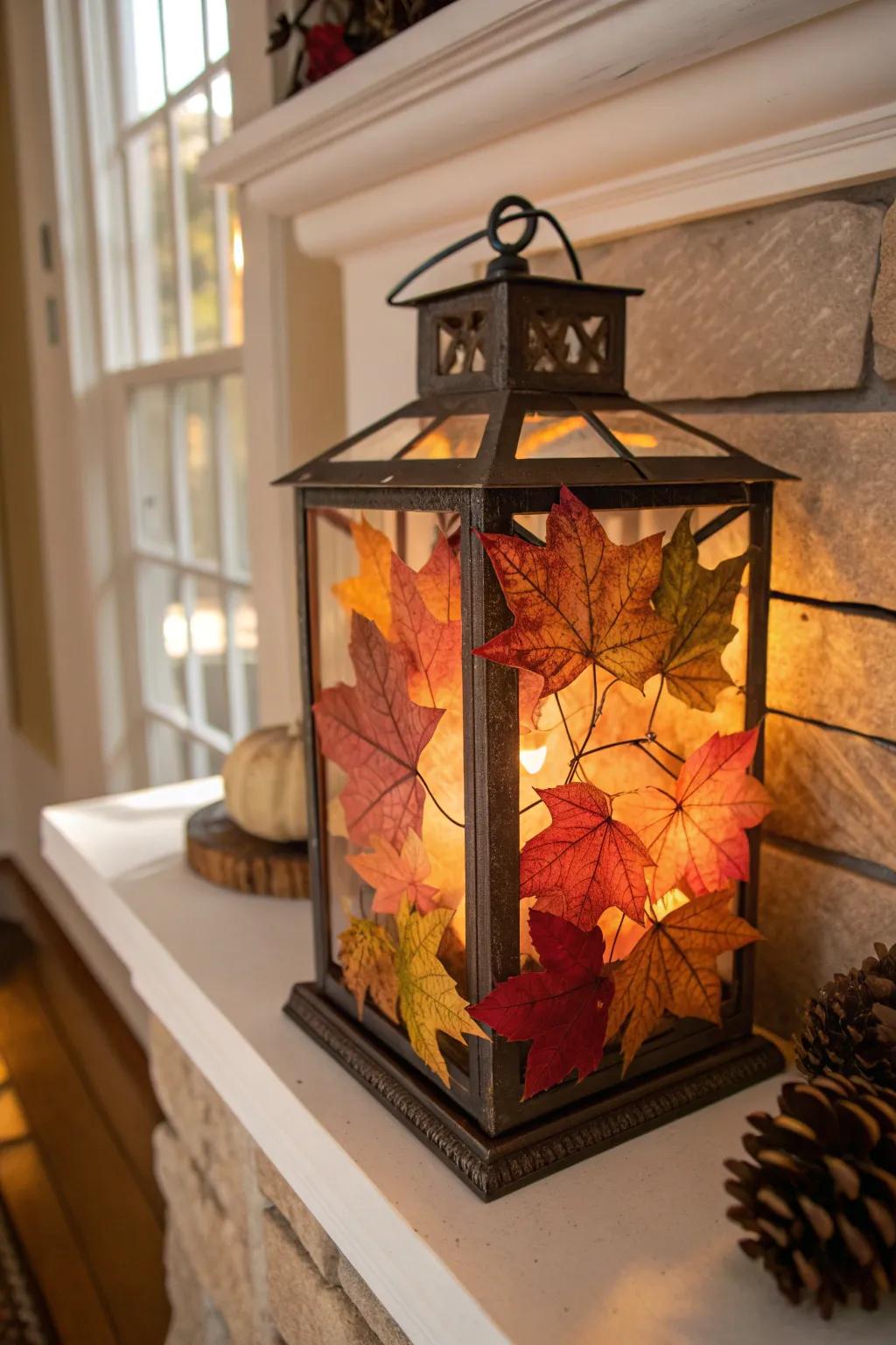 Autumn leaves bring vibrant hues to lantern decor.