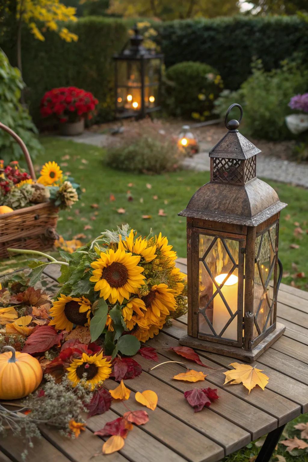 Sunflowers add a cheerful touch to lantern displays.