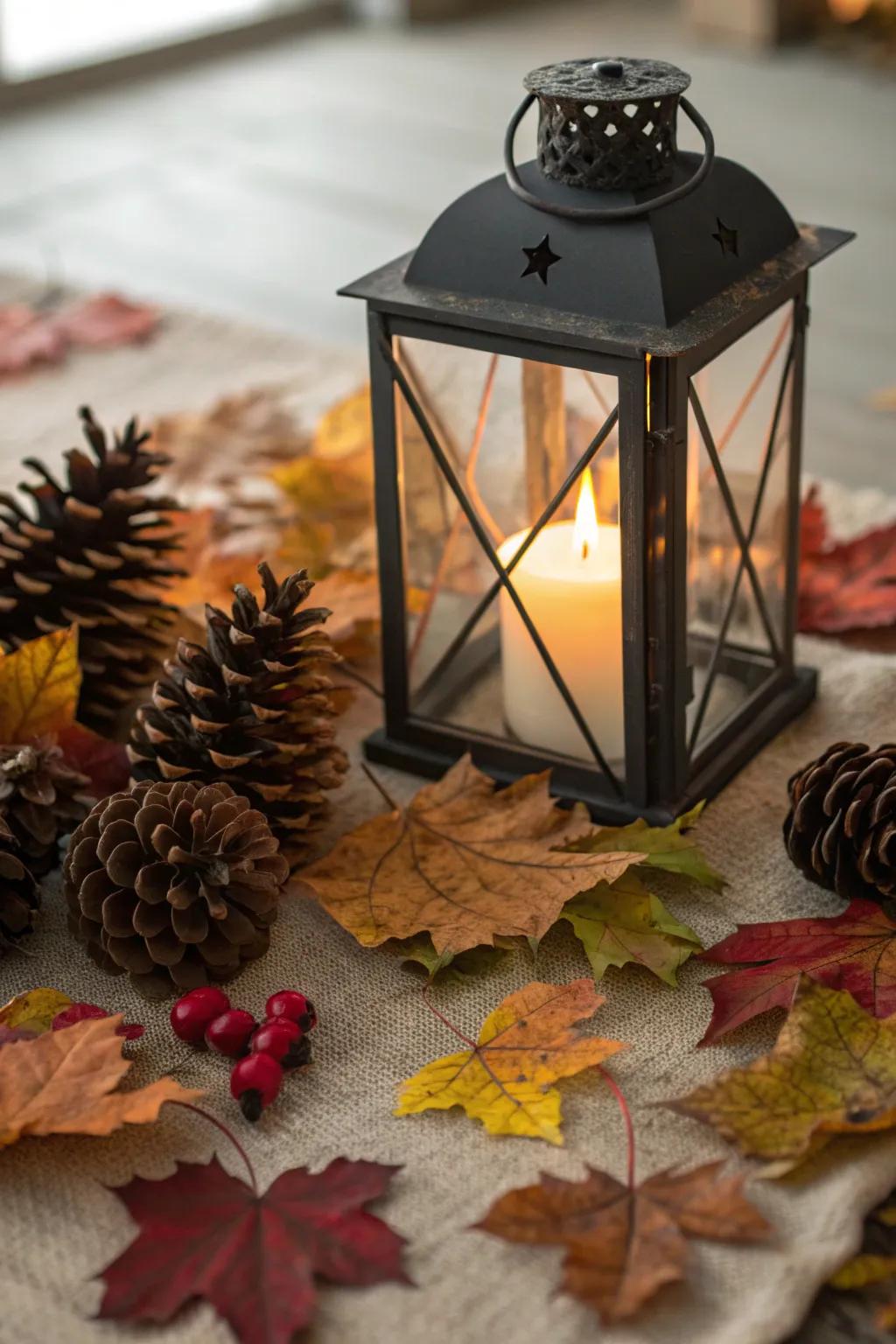 Candles inside lanterns create a cozy fall ambiance.