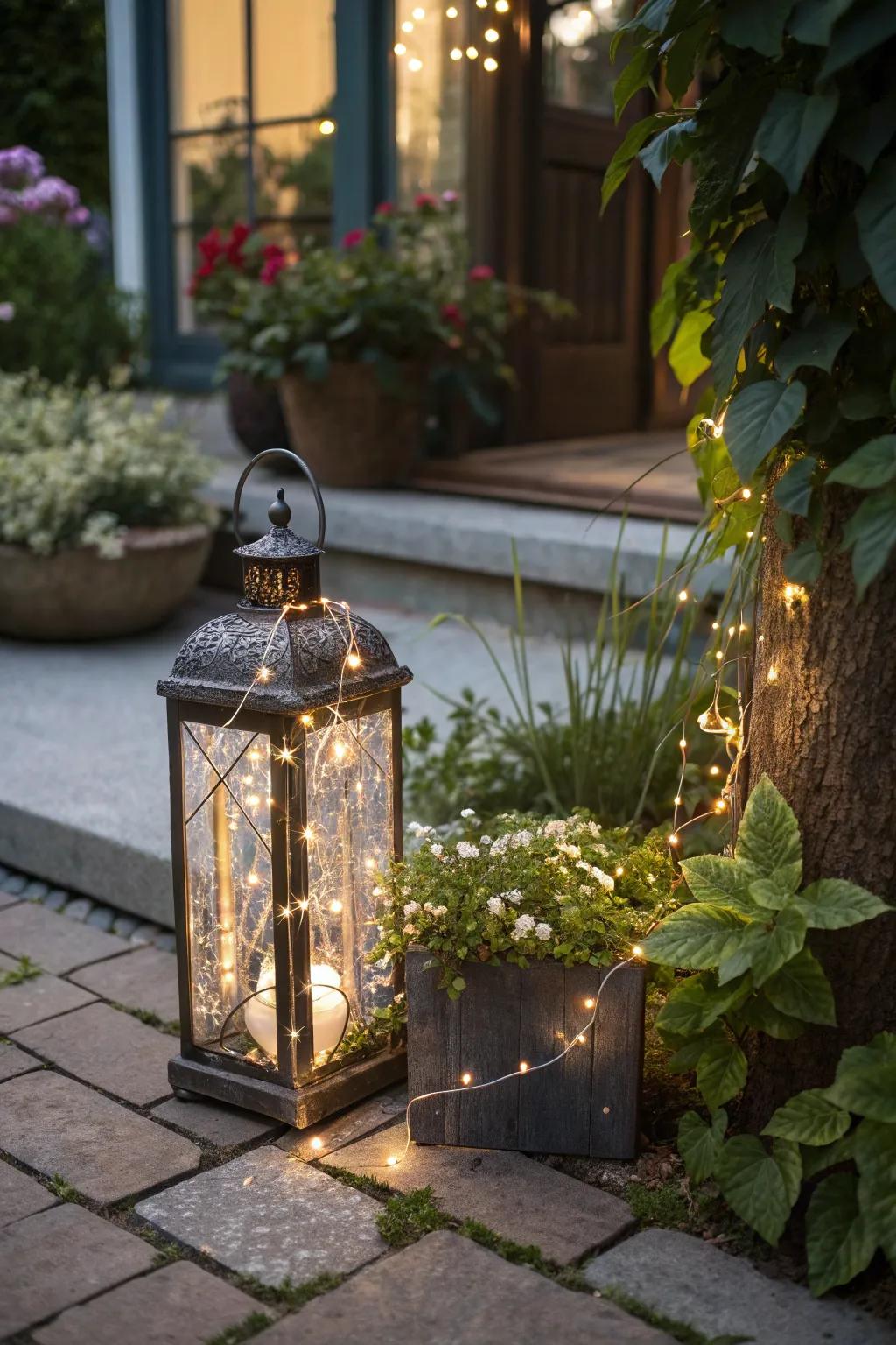 Fairy lights add a magical glow to lantern decor.