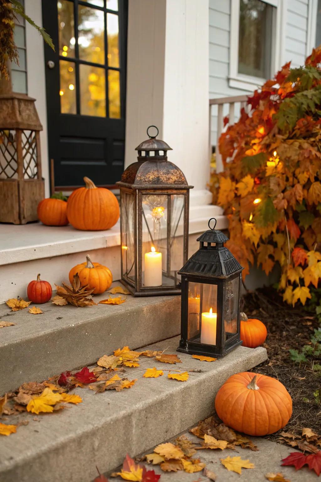 Lanterns on porch steps create a welcoming entryway.