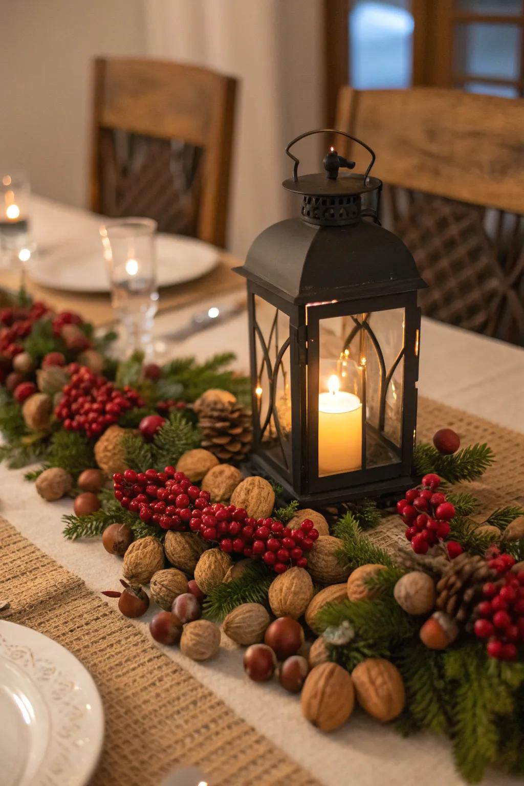 Lantern centerpieces enhance dining table decor.