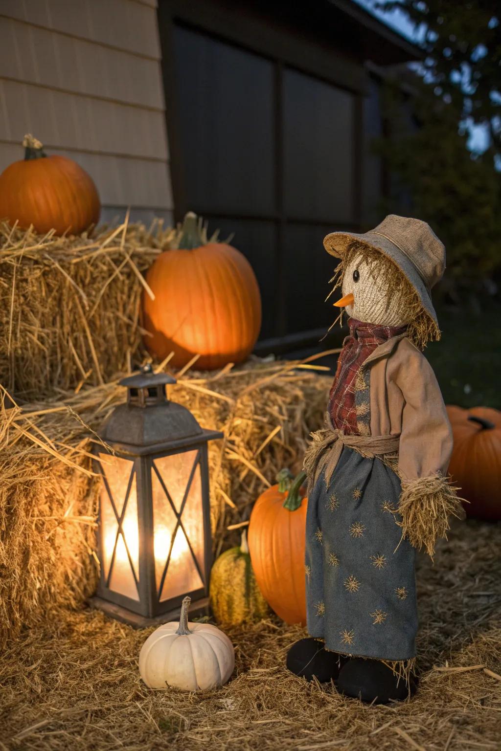 Scarecrows bring a playful touch to lantern displays.