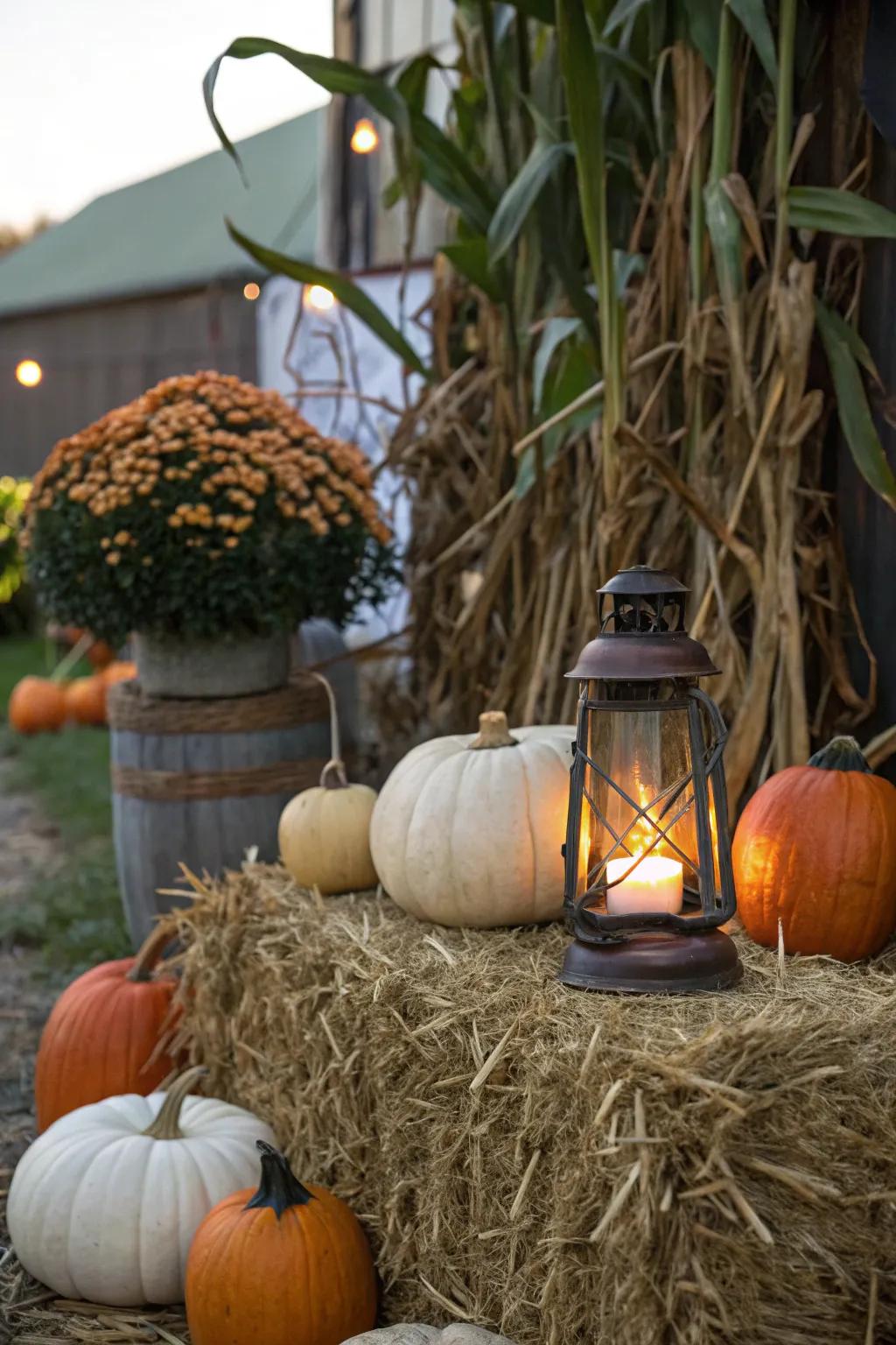 Hay bales add rustic charm to lantern displays.