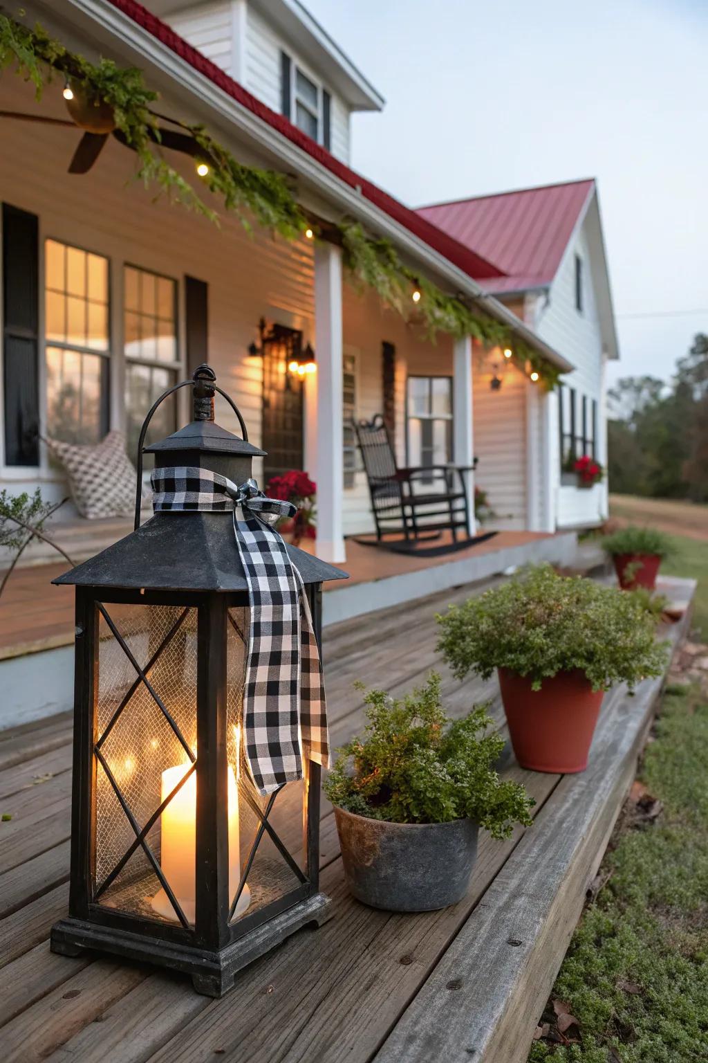 Buffalo check ribbons add a stylish twist to lanterns.