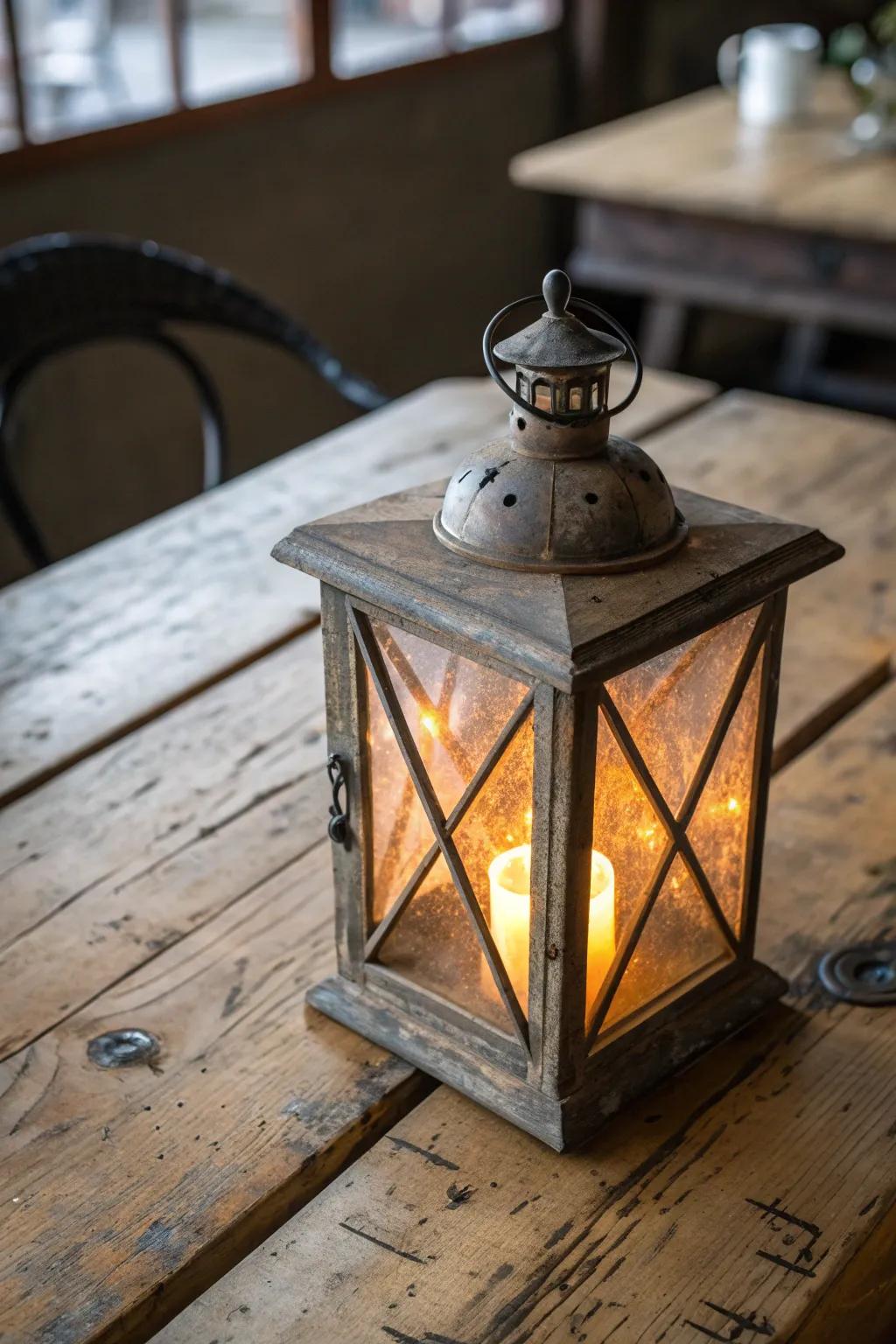 A distressed finish adds vintage charm to lanterns.
