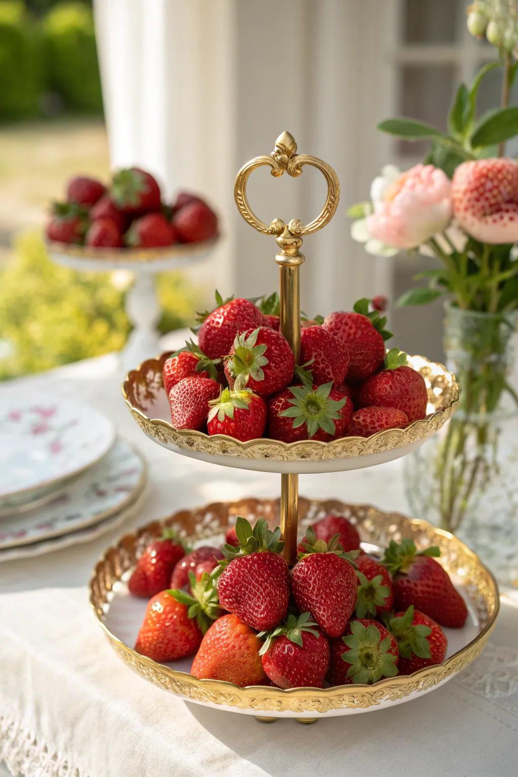 Elegant tiered tray filled with strawberries